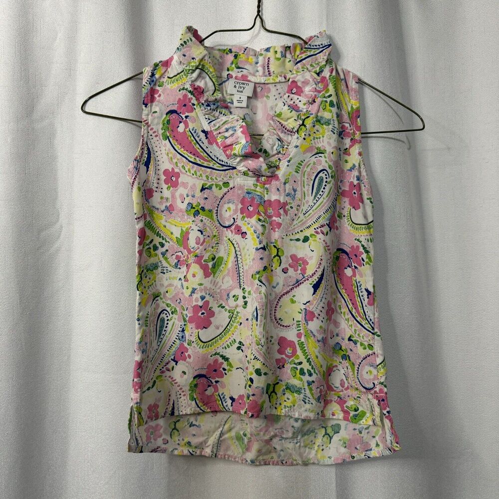 Crown & Ivy Girls Size 6 Sleeveless Ruffle Top Floral Flower Tanktop Lightweight